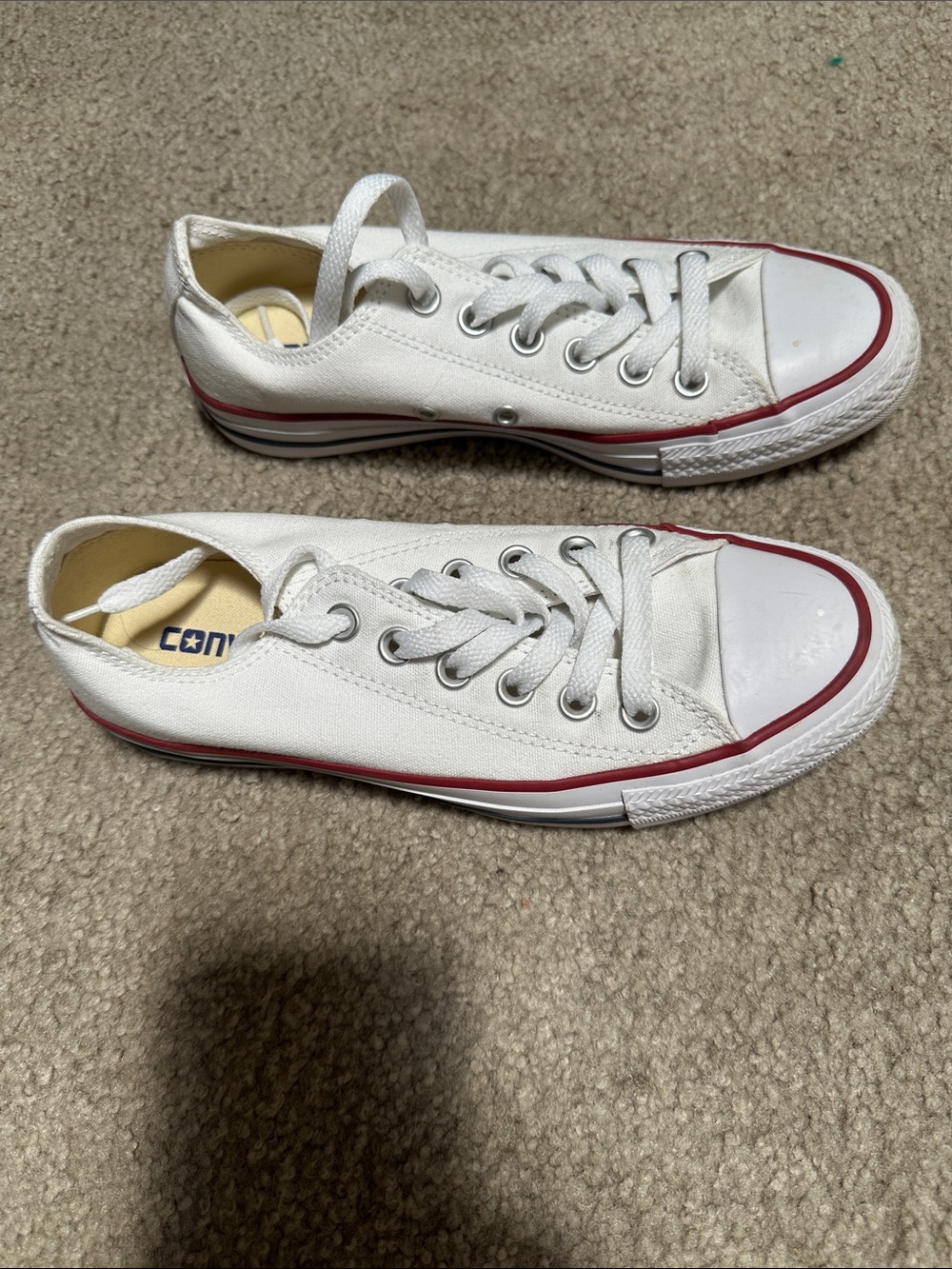 Converse Kids White Low-Top Canvas Sneakers with Red Trim worn twice